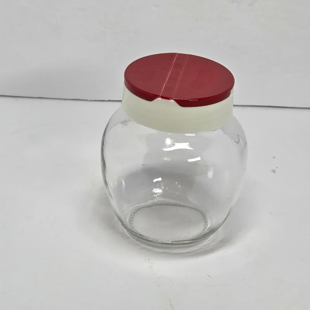 Vintage Glass Spice Jar Red White Dual Flip Top Shaker Pour Lid Clear Canister